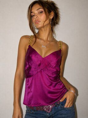 Marciano Y2K Silk Gold Chain Strap Cami Top Purple Magenta Glam Medium